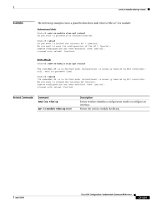 service-module wlan-ap reload
CF-539
Cisco IOS Configuration Fundamentals Command Reference
April 2010
Examples The following examples show a graceful shut down and reboot of the service module:
Autonomous Mode
Router# service-module wlan-ap0 reload
Do you want to proceed with reload?[confirm]
Router# reload
Do you want to reload the internal AP ? [yes/no]:
Do you want to save the configuration of the AP ? [yes/no]:
System configuration has been modified. Save [yes/no]:
Proceed with reload? [confirm]
Unified Mode
Router# service-module wlan-ap0 reload
The embedded AP is in Unified mode. Reload/reset is normally handled by WLC controller.
Still want to proceed? [yes]
Router# reload
The embedded AP is in Unified mode. Reload/reset is normally handled by WLC controller.
Do you want to reload the internal AP [yes/no]:
System configuration has been modified. Save [yes/no]:
Proceed with reload [Confirm]
Related Commands Command Description
interface wlan-ap Enters wireless interface configuration mode to configure an
interface.
service-module wlan-ap reset Resets the service module hardware.
 