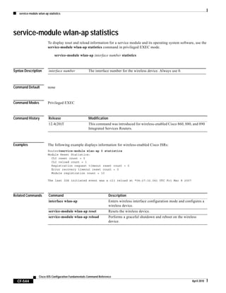 service-module wlan-ap statistics
CF-544
Cisco IOS Configuration Fundamentals Command Reference
April 2010
service-module wlan-ap statistics
To display reset and reload information for a service module and its operating system software, use the
service-module wlan-ap statistics command in privileged EXEC mode.
service-module wlan-ap interface number statistics
Syntax Description
Command Default none
Command Modes Privileged EXEC
Command History
Examples The following example displays information for wireless-enabled Cisco ISRs:
Router#service-module wlan-ap 0 statistics
Module Reset Statistics:
CLI reset count = 0
CLI reload count = 1
Registration request timeout reset count = 0
Error recovery timeout reset count = 0
Module registration count = 10
The last IOS initiated event was a cli reload at *04:27:32.041 UTC Fri Mar 8 2007
Related Commands
interface number The interface number for the wireless device. Always use 0.
Release Modification
12.4(20)T This command was introduced for wireless-enabled Cisco 860, 880, and 890
Integrated Services Routers.
Command Description
interface wlan-ap Enters wireless interface configuration mode and configures a
wireless device.
service-module wlan-ap reset Resets the wireless device.
service-module wlan-ap reload Performs a graceful shutdown and reboot on the wireless
device.
 