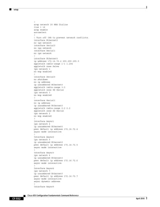 setup
CF-552
Cisco IOS Configuration Fundamentals Command Reference
April 2010
!
arap network 20 ARA Dialins
line 1 16
arap enable
autoselect
!
! Turn off IPX to prevent network conflicts.
interface Ethernet0
no ipx network
interface Serial0
no ipx network
interface Serial1
no ipx network
!
interface Ethernet0
ip address 172.16.72.2 255.255.255.0
appletalk cable-range 1-1 1.204
appletalk zone Sales
ipx network 1
no mop enabled
!
interface Serial0
no shutdown
no ip address
ip unnumbered Ethernet0
appletalk cable-range 3-3
appletalk zone ZZ Serial
ipx network 3
no mop enabled
!
interface Serial1
no ip address
ip unnumbered Ethernet0
appletalk cable-range 2-2 2.2
appletalk zone ZZ Serial
ipx network 2
no mop enabled
!
Interface Async1
ipx network 4
ip unnumbered Ethernet0
peer default ip address 172.16.72.4
async mode interactive
!
Interface Async2
ipx network 5
ip unnumbered Ethernet0
peer default ip address 172.16.72.5
async mode interactive
!
Interface Async3
ipx network 6
ip unnumbered Ethernet0
peer default ip address 172.16.72.6
async mode interactive
!
Interface Async4
ipx network 7
ip unnumbered Ethernet0
peer default ip address 172.16.72.7
async mode interactive
async dynamic address
!
Interface Async5
 