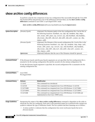 show archive config differences
CF-584
Cisco IOS Configuration Fundamentals Command Reference
April 2010
show archive config differences
To perform a line-by-line comparison of any two configuration files (accessible through the Cisco IOS
File System [IFS]) and generate a list of the differences between them, use the show archive config
differences command in user EXEC or privileged EXEC mode.
show archive config differences [filename1(path)[filename2(path)][ignorecase]]
Syntax Description
Command Default If the filename1(path) and filename2(path) arguments are not specified, the first configuration file is
assumed to be the running configuration file and the second to be the startup configuration file.
If only the filename1(path) argument is specified, the second configuration file is assumed to be the
running configuration file.
Command Modes User EXEC
Privileged EXEC
Command History
Usage Guidelines Interpreting the output of the show archive config differences command is dependent on the order in
which the two files are configured. Each entry in the generated output list is prefixed with a unique text
symbol to indicate the type of difference found. The text symbols and their meanings are as follows:
• A minus symbol (-) indicates that the configuration line exists in filename1(path) but not in
filename2(path).
filename1(path) (Optional) The filename (path) of the first configuration file. Can be files in
the following locations: bootflash:, cns:, fpd:, ftp:, harddisk:, http:, https:,
null:, nvram:, obfl:, pram:, rcp:, revrcsf:, scp:, stby-bootflash:, stby-harddisk:,
stby-nvram:, stby-obfl:, stby-rcsf:, stby-usb0:, stby-usb1:, system:, tar:, tftp:,
tmpsys:, usb0:
filename2(path) (Optional) The filename of the second configuration file. Can be files in the
following locations: bootflash:, cns:, fpd:, ftp:, harddisk:, http:, https:, null:,
nvram:, obfl:, pram:, rcp:, revrcsf:, scp:, stby-bootflash:, stby-harddisk:,
stby-nvram:, stby-obfl:, stby-rcsf:, stby-usb0:, stby-usb1:, system:, tar:,
tftp:, tmpsys:, usb0:
ignorecase (Optional) Indicates that the case of the filenames should be ignored.
Release Modification
12.3(4)T This command was introduced.
12.2(25)S This command was integrated into Cisco IOS Release 12.2(25)S.
12.2(27)SBC This command was integrated into Cisco IOS Release 12.2(27)SBC.
12.2(33)SRA This command was integrated into Cisco IOS Release 12.2(33)SRA.
12.2(33)SB This command was integrated into Cisco IOS Release 12.2(33)SB and
implemented on the Cisco 10000 series.
 
