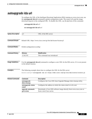 Configuration Fundamentals Commands
autoupgrade ida url
CF-27
Cisco IOS Configuration Fundamentals Command Reference
April 2010
autoupgrade ida url
To configure the URL of the Intelligent Download Application (IDA) running on www.cisco.com, use
the autoupgrade ida url command in global configuration mode. The router will send the image
download requests to the configured URL. To disable this URL, use the no form of this command.
autoupgrade ida url url
no autoupgrade ida url url
Syntax Description
Command Default Default URL: https://www.cisco.com/cgi-bin/ida/locator/locator.pl
Command Modes Global configuration (config)
Command History
Usage Guidelines Use the autoupgrade ida url command to configure a new URL for the IDA server, if it is not present
in the default location.
Examples The following example shows how to configure the URL for the IDA server:
Router(config)# autoupgrade ida url https://www.cisco.com/cgi-bin/ida/locator/locator.pl
Related Commands
url URL of the IDA server.
Release Modification
12.4(15)T This command was introduced.
Command Description
autoupgrade
disk-cleanup
Configures the Cisco IOS Auto-Upgrade Manager disk cleanup utility.
autoupgrade status
email
Configures the address to which the status email is to be sent.
upgrade automatic
getversion
Downloads a Cisco IOS software image directly from www.cisco.com or
from a non-Cisco server.
 