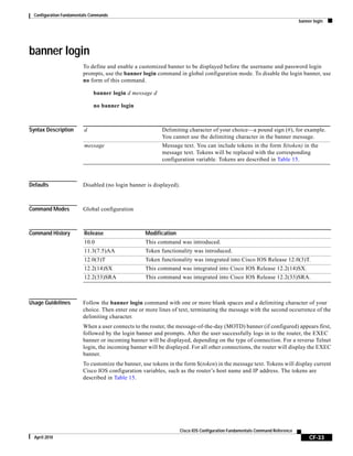 Configuration Fundamentals Commands
banner login
CF-33
Cisco IOS Configuration Fundamentals Command Reference
April 2010
banner login
To define and enable a customized banner to be displayed before the username and password login
prompts, use the banner login command in global configuration mode. To disable the login banner, use
no form of this command.
banner login d message d
no banner login
Syntax Description
Defaults Disabled (no login banner is displayed).
Command Modes Global configuration
Command History
Usage Guidelines Follow the banner login command with one or more blank spaces and a delimiting character of your
choice. Then enter one or more lines of text, terminating the message with the second occurrence of the
delimiting character.
When a user connects to the router, the message-of-the-day (MOTD) banner (if configured) appears first,
followed by the login banner and prompts. After the user successfully logs in to the router, the EXEC
banner or incoming banner will be displayed, depending on the type of connection. For a reverse Telnet
login, the incoming banner will be displayed. For all other connections, the router will display the EXEC
banner.
To customize the banner, use tokens in the form $(token) in the message text. Tokens will display current
Cisco IOS configuration variables, such as the router’s host name and IP address. The tokens are
described in Table 15.
d Delimiting character of your choice—a pound sign (#), for example.
You cannot use the delimiting character in the banner message.
message Message text. You can include tokens in the form $(token) in the
message text. Tokens will be replaced with the corresponding
configuration variable. Tokens are described in Table 15.
Release Modification
10.0 This command was introduced.
11.3(7.5)AA Token functionality was introduced.
12.0(3)T Token functionality was integrated into Cisco IOS Release 12.0(3)T.
12.2(14)SX This command was integrated into Cisco IOS Release 12.2(14)SX.
12.2(33)SRA This command was integrated into Cisco IOS Release 12.2(33)SRA.
 