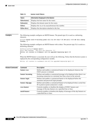 Configuration Fundamentals Commands
banner motd
CF-36
Cisco IOS Configuration Fundamentals Command Reference
April 2010
Examples The following example configures an MOTD banner. The pound sign (#) is used as a delimiting
character.
Router# banner motd # Building power will be off from 7:00 AM until 9:00 AM this coming
Tuesday. #
The following example configures an MOTD banner with a token. The percent sign (%) is used as a
delimiting character.
darkstar(config)# banner motd %
Enter TEXT message. End with the character '%'.
Notice: all routers in $(domain) will be upgraded beginning April 20
%
When the MOTD banner is executed, the user will see the following. Notice that the $(token) syntax is
replaced by the corresponding configuration variable.
Notice: all routers in ourdomain.com will be upgraded beginning April 20
Related Commands
Table 16 banner motd Tokens
Token Information Displayed in the Banner
$(hostname) Displays the host name for the router.
$(domain) Displays the domain name for the router.
$(line) Displays the vty or tty (asynchronous) line number.
$(line-desc) Displays the description attached to the line.
Command Description
banner exec Defines and enables a customized banner to be displayed whenever the
EXEC process is initiated.
banner incoming Defines and enables a customized message to be displayed when there is an
incoming connection to a terminal line from a host on the network.
banner login Defines and enables a customized banner to be displayed before the
username and password login prompts.
banner slip-ppp Defines and enables a customized banner to be displayed when a serial-line
IP or point-to-point connection is made.
exec-banner Controls (enables or disables) the display of EXEC banners and
message-of-the-day banners on a specified line or lines.
motd-banner Controls (enables or disables) the display of message-of-the-day banners on
a specified line or lines.
 