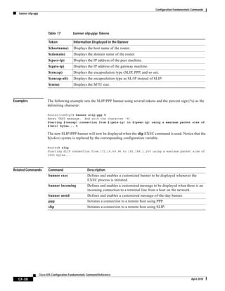 Configuration Fundamentals Commands
banner slip-ppp
CF-38
Cisco IOS Configuration Fundamentals Command Reference
April 2010
Examples The following example sets the SLIP/PPP banner using several tokens and the percent sign (%) as the
delimiting character:
Router(config)# banner slip-ppp %
Enter TEXT message. End with the character '%'.
Starting $(encap) connection from $(gate-ip) to $(peer-ip) using a maximum packet size of
$(mtu) bytes... %
The new SLIP/PPP banner will now be displayed when the slip EXEC command is used. Notice that the
$(token) syntax is replaced by the corresponding configuration variable.
Router# slip
Starting SLIP connection from 172.16.69.96 to 192.168.1.200 using a maximum packet size of
1500 bytes...
Related Commands
Table 17 banner slip-ppp Tokens
Token Information Displayed in the Banner
$(hostname) Displays the host name of the router.
$(domain) Displays the domain name of the router.
$(peer-ip) Displays the IP address of the peer machine.
$(gate-ip) Displays the IP address of the gateway machine.
$(encap) Displays the encapsulation type (SLIP, PPP, and so on).
$(encap-alt) Displays the encapsulation type as SL/IP instead of SLIP.
$(mtu) Displays the MTU size.
Command Description
banner exec Defines and enables a customized banner to be displayed whenever the
EXEC process is initiated.
banner incoming Defines and enables a customized message to be displayed when there is an
incoming connection to a terminal line from a host on the network.
banner motd Defines and enables a customized message-of-the-day banner.
ppp Initiates a connection to a remote host using PPP.
slip Initiates a connection to a remote host using SLIP.
 