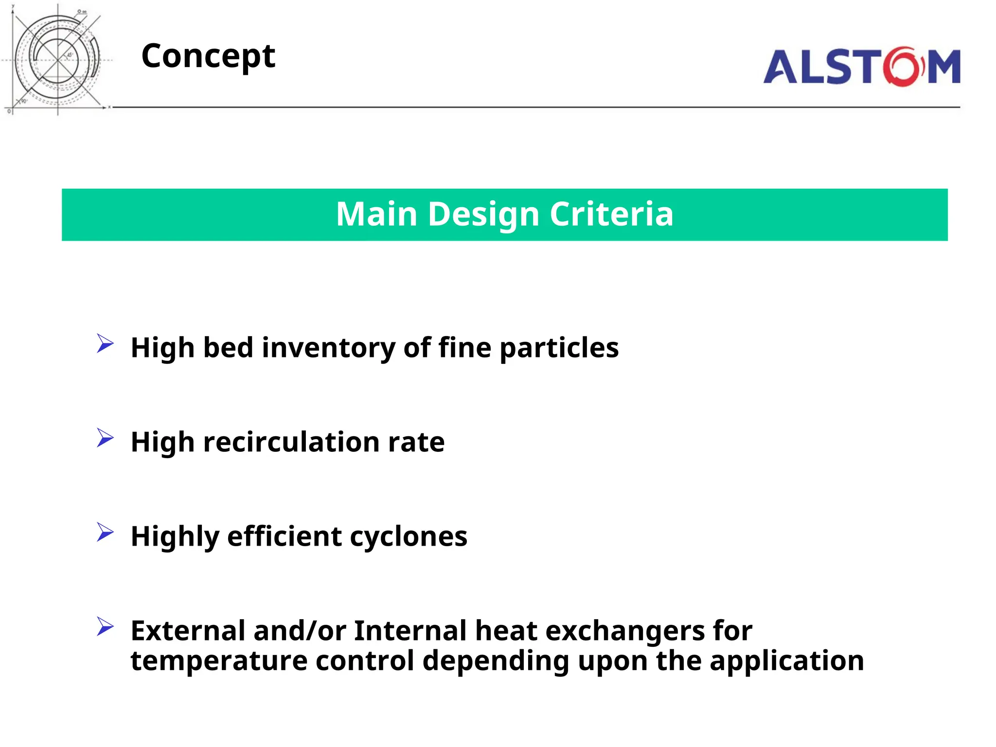 Main Design Criteria
 High bed inventory of fine particles
 High recirculation rate
 Highly efficient cyclones
 External and/or Internal heat exchangers for
temperature control depending upon the application
Concept
 