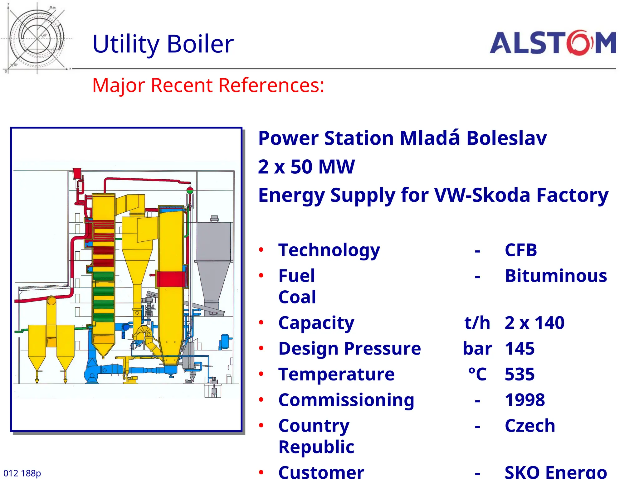 Major Recent References:
Utility Boiler
012 188p
Power Station Mladá Boleslav
2 x 50 MW
Energy Supply for VW-Skoda Factory
• Technology - CFB
• Fuel - Bituminous
Coal
• Capacity t/h 2 x 140
• Design Pressure bar 145
• Temperature °C 535
• Commissioning - 1998
• Country - Czech
Republic
• Customer - SKO Energo
 