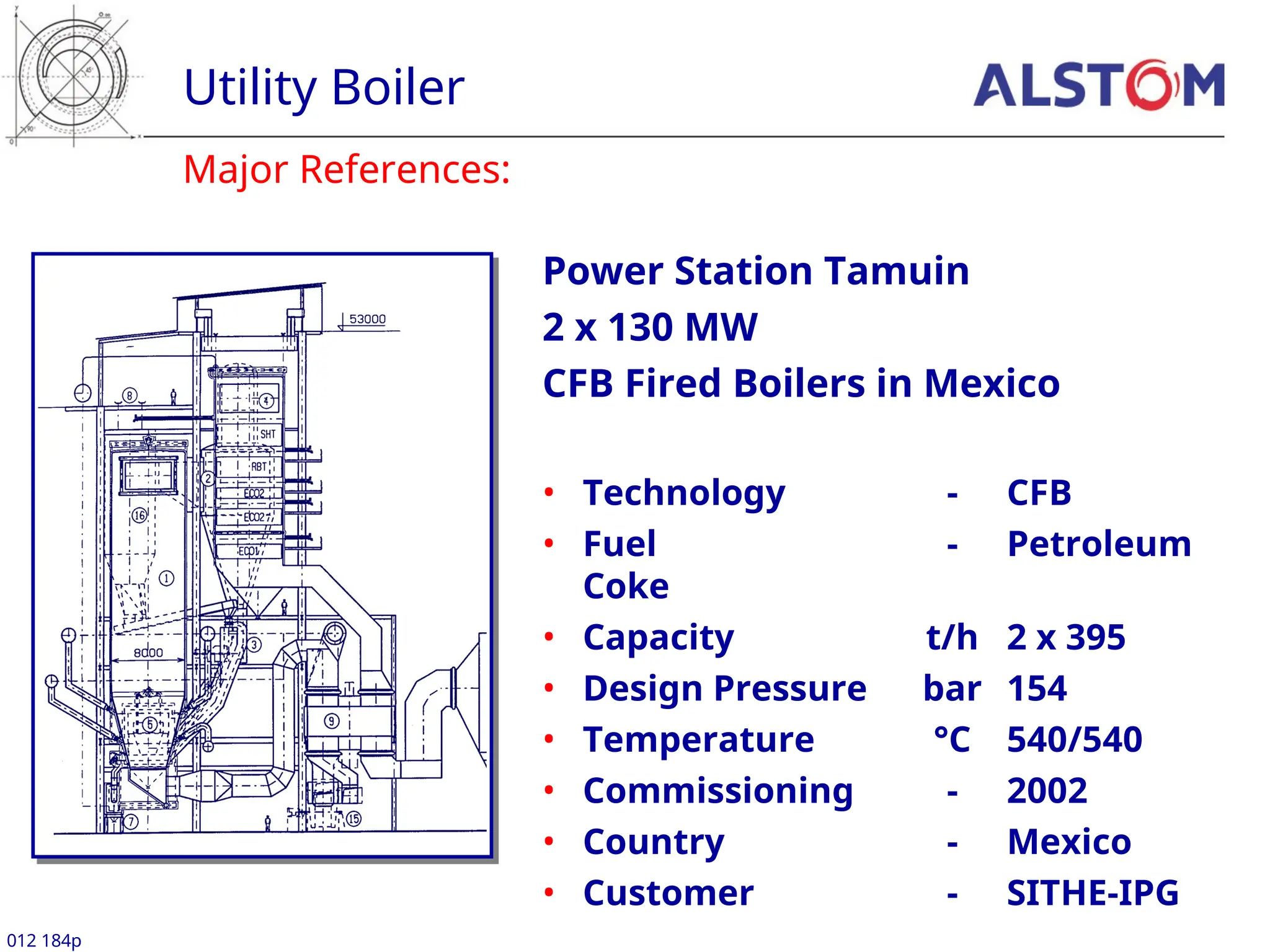 Major References:
Utility Boiler
012 184p
Power Station Tamuin
2 x 130 MW
CFB Fired Boilers in Mexico
• Technology - CFB
• Fuel - Petroleum
Coke
• Capacity t/h 2 x 395
• Design Pressure bar 154
• Temperature °C 540/540
• Commissioning - 2002
• Country - Mexico
• Customer - SITHE-IPG
 