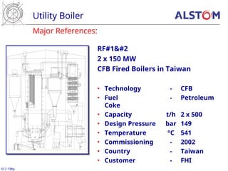 Major References:
Utility Boiler
012 198p
RF#1
2 x 150 MW
CFB Fired Boilers in Taiwan
• Technology - CFB
• Fuel - Petroleum
Coke
• Capacity t/h 2 x 500
• Design Pressure bar 149
• Temperature °C 541
• Commissioning - 2002
• Country - Taiwan
• Customer - FHI
 