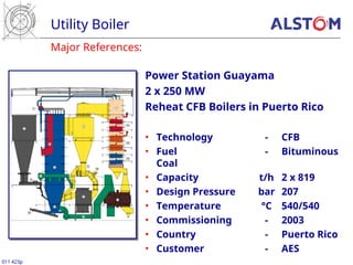 Major References:
Utility Boiler
011 423p
Power Station Guayama
2 x 250 MW
Reheat CFB Boilers in Puerto Rico
• Technology - CFB
• Fuel - Bituminous
Coal
• Capacity t/h 2 x 819
• Design Pressure bar 207
• Temperature °C 540/540
• Commissioning - 2003
• Country - Puerto Rico
• Customer - AES
 