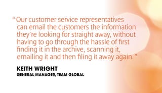 “Our customer service representatives
can email the customers the information
they’re looking for straight away, without
having to go through the hassle of first
finding it in the archive, scanning it,
emailing it and then filing it away again.”
KEITH WRIGHT
GENERAL MANAGER, TEAM GLOBAL
 