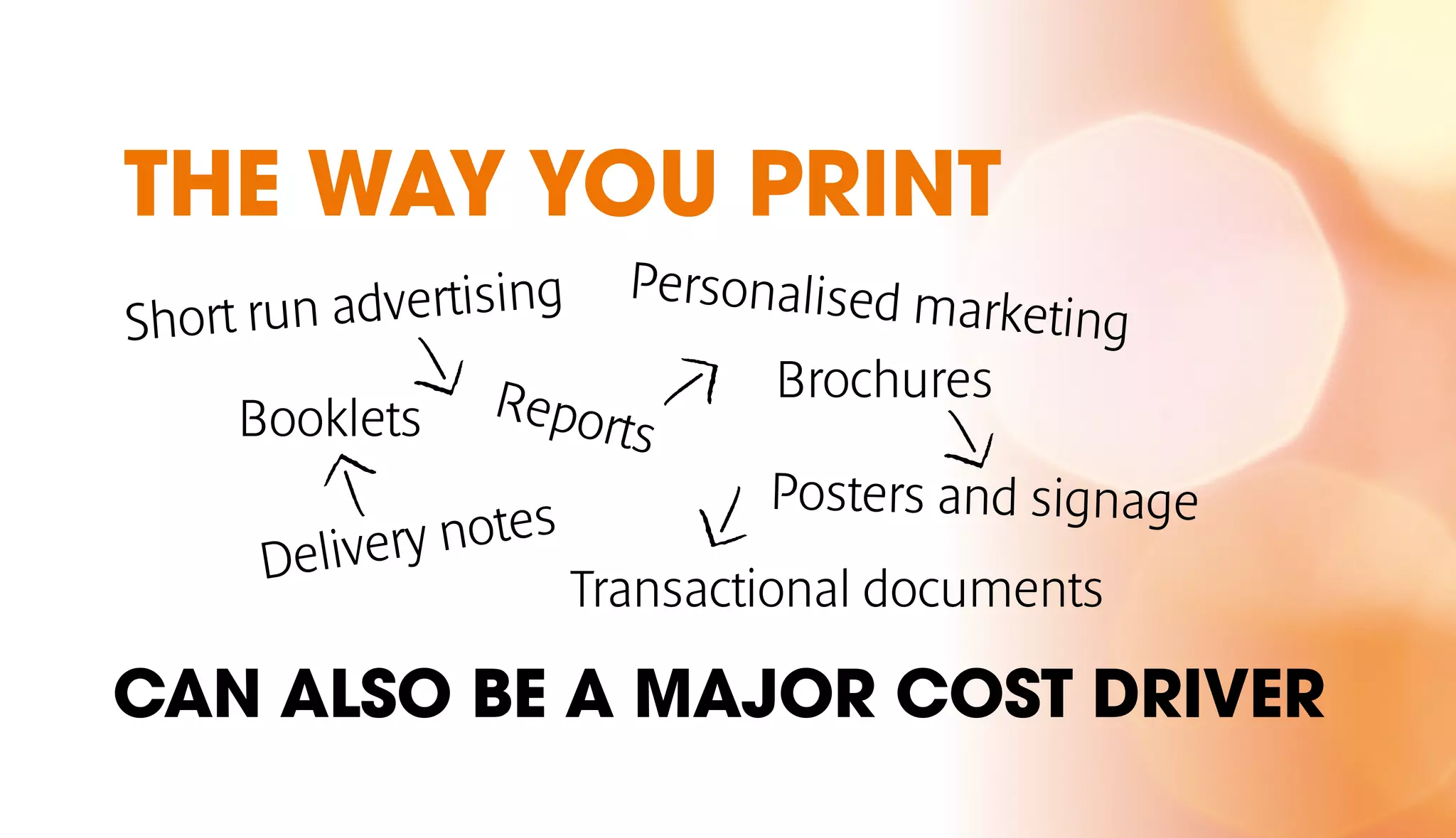 THE WAY YOU PRINT 
Short run advertising 
Personalised marketing 
Reports 
Booklets 
Delivery notes 
Brochures 
Posters and signage 
Transactional documents 
CAN ALSO BE A MAJOR COST DRIVER 
 