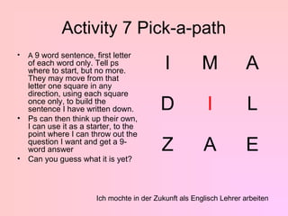 Activity 7 Pick-a-path
•   A 9 word sentence, first letter
    of each word only. Tell ps
    where to start, but no more.             I           M            A
    They may move from that
    letter one square in any
    direction, using each square
    once only, to build the
    sentence I have written down.           D             I            L
•   Ps can then think up their own,
    I can use it as a starter, to the
    point where I can throw out the
    question I want and get a 9-
    word answer                             Z            A            E
•   Can you guess what it is yet?



                        Ich mochte in der Zukunft als Englisch Lehrer arbeiten
 
