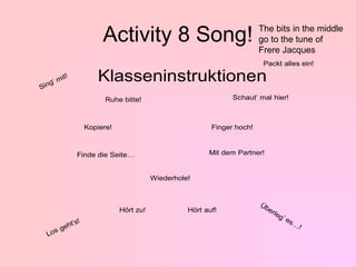 Activity 8 Song!                                The bits in the middle
                                                                          go to the tune of
                                                                          Frere Jacques
                                                                           Packt alles ein!


     ng’
         m   it!        Klasseninstruktionen
Si
                          Ruhe bitte!                            Schaut’ mal hier!



                    Kopiere!                               Finger hoch!



                   Finde die Seite…                       Mit dem Partner!


                                          Wiederhole!


                                                                          Üb
                               Hört zu!             Hört auf!               er
                                                                              leg
                                                                                 ’e
           t’s!                                                                    s…
         eh                                                                          !
       sg
     Lo
 