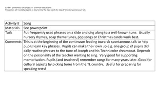 SLF MFL spontaneous talk project. 15 10 minute ideas to trial.
Preparation will inevitably depend on how familiar the class is with the idea of “directed spontaneous” talk.




Activity 8
         Song
MaterialsSee powerpoint
Task     Put frequently used phrases on a slide and sing along to a well-known tune. Usually
         nursery rhymes, soap theme tunes, pop songs or Christmas carols work best.
Comments This is at the beginning of the continuum leading towards spontaneous talk to help
         pupils learn key phrases. Pupils can make their own up e.g. one group of pupils did
         daily routine phrases to the tune of Joseph and his Technicolor dreamcoat. Depends
         on the personality of the teacher wanting to sing. Very good for supporting
         memorisation. Pupils (and teachers!) remember songs for many years later. Good for
         cultural aspects by picking tunes from the TL country. Useful for preparing for
         speaking tests!
 