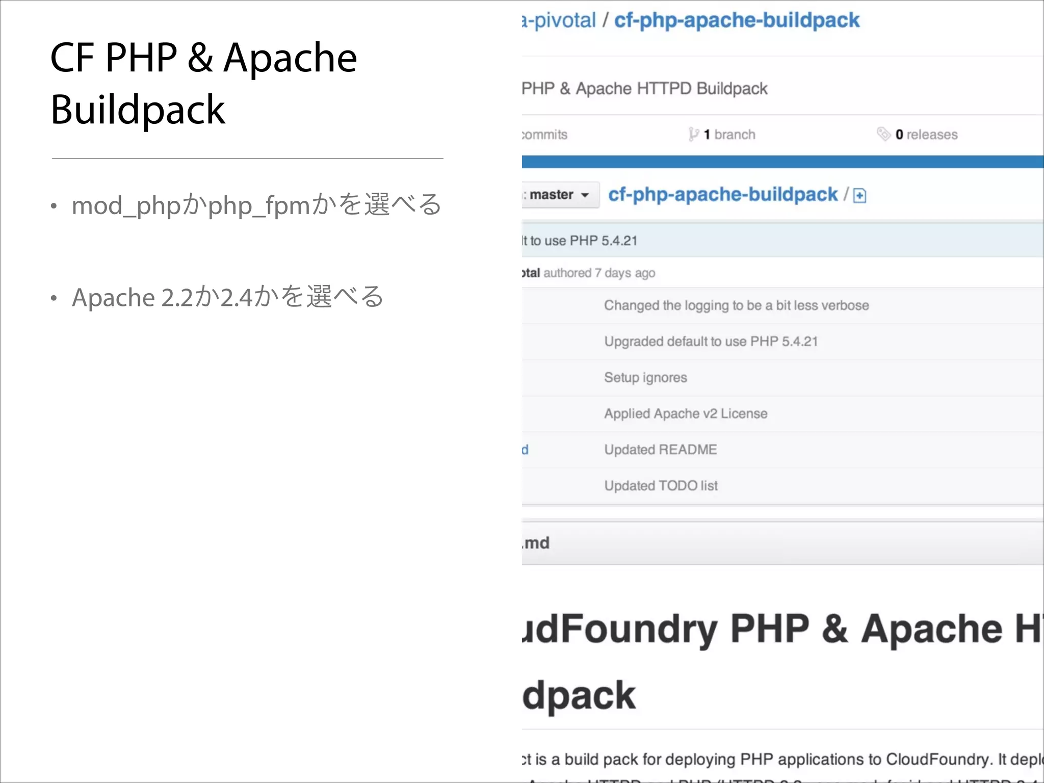 CF PHP & Apache
Buildpack
• mod_phpかphp_fpmかを選べる
• Apache 2.2か2.4かを選べる

 