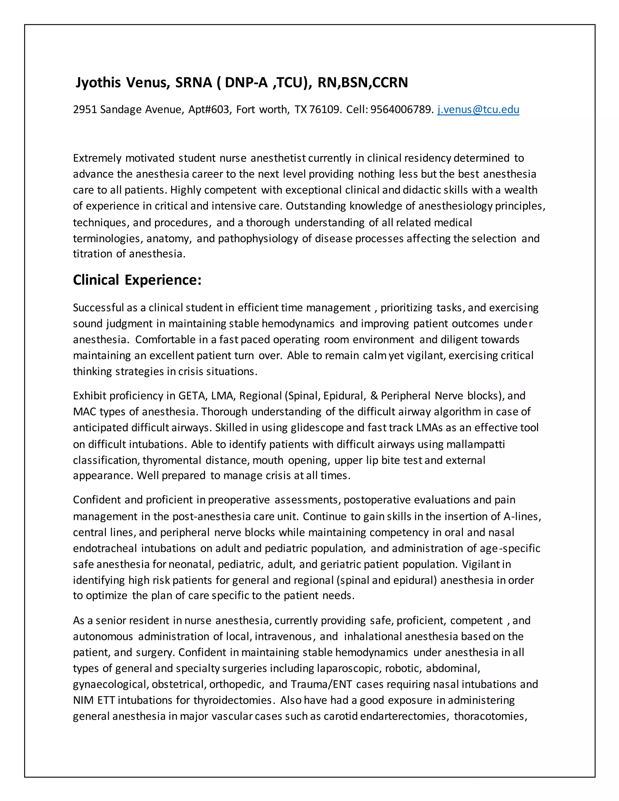 Jyothis Venus SRNA Resume PDF - Jyothis Venus SRNA Resume 1 2048 