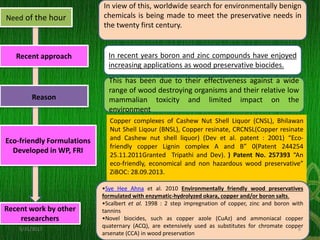 Copper complexes of Cashew Nut Shell Liquor (CNSL), Bhilawan
Nut Shell Liqour (BNSL), Copper resinate, CRCNSL(Copper resinate
and Cashew nut shell liquor) (Dev et al. patent : 2001) “Eco-
friendly copper Lignin complex A and B” 0(Patent 244254
25.11.2011Granted Tripathi and Dev). ) Patent No. 257393 “An
eco-friendly, economical and non hazardous wood preservative”
ZiBOC: 28.09.2013.
In view of this, worldwide search for environmentally benign
chemicals is being made to meet the preservative needs in
the twenty first century.
In recent years boron and zinc compounds have enjoyed
increasing applications as wood preservative biocides.
This has been due to their effectiveness against a wide
range of wood destroying organisms and their relative low
mammalian toxicity and limited impact on the
environment
•Sye Hee Ahna et al. 2010 Environmentally friendly wood preservatives
formulated with enzymatic-hydrolyzed okara, copper and/or boron salts.
•Scalbert et al. 1998 : 2 step impregnation of copper, zinc and boron with
tannins
•Novel biocides, such as copper azole (CuAz) and ammoniacal copper
quaternary (ACQ), are extensively used as substitutes for chromate copper
arsenate (CCA) in wood preservation
Need of the hour
Recent approach
Reason
Eco-friendly Formulations
Developed in WP, FRI
Recent work by other
researchers
5/31/2017 8
 