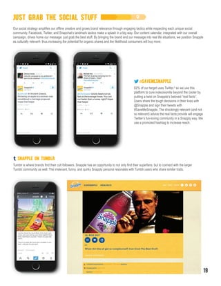 JUST GRAB THE SOCIAL STUFF
Our social strategy amplifies our offline creative and grows brand relevance through engaging tactics while respecting each unique social
community. Facebook, Twitter, and Snapchat’s landmark tactics make a splash in a big way. Our content calendar, integrated with our overall
campaign, drives home our message: just grab the best stuff. By bringing the brand and our message into real life situations, we position Snapple
as culturally relevant- thus increasing the potential for organic shares and the likelihood consumers will buy more.
Tumblr is where brands find their cult followers. Snapple has an opportunity to not only find their superfans, but to connect with the larger
Tumblr community as well. The irrelevant, funny, and quirky Snapply persona resonates with Tumblr users who share similar traits.
62% of our target uses Twitter,5
so we use this
platform to cure indecisionitis beyond the cooler by
putting a twist on Snapple’s beloved “real facts”.
Users share the tough decisions in their lives with
@Snapple and sign their tweets with
#SaveMeSnapple. The shockingly relevant (and not
so relevant) advice the real facts provide will engage
Twitter’s fun-loving community in a Snapply way. We
use a promoted hashtag to increase reach.
#SAVEMESNAPPLE
SNAPPLE ON TUMBLR
19
 