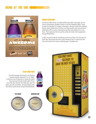 BEING AT THE END
23
TRY AGAIN WINNING CAP
To further leverage brand equity, we introduce
branded vending machines in our 31 DMAs.
Customers have 30 seconds to choose the button
they hope wins the free limited edition flavor,
Eye of the Acai. But like Tom Petty said, even the
losers get lucky sometimes, winning Snapple caps.
We monitor social activity through #VendAndSnap.
PLAY YOUR PART
According to MSL Group, our target prefers easy ways to give back. So, we
launch customizable, plantable 4-packs in the Non-Heartland DMAs. These
4-packs are designed to increase consumption, introduce limited time offerings,
like the newly-created Eye of the Acai, and help beautify urban environments.
Additionally, 82% of survey respondents said they were willing to try a new
flavor. The 4-pack lets them do just that, while we monitor their engagement
through #PlantAPack.
In NYC, we partner with Do Something to launch our Drink Your Part event on
Earth Day. We promote this event using interactive Taxi TV screen ads that
drive consumers to the cause marketing page on Snapple.com.
DRINK YOUR PART
 