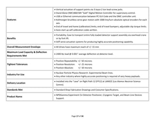 Page 17 of 34
Features
 Vertical actuation of support points via 3 Joyce 2 ton lead-screw jacks.
 Stand Alone DMC1860-MX "Galil" Digital Motion Controller for supervisory control.
 USB or Ethernet communication between PC GUI Code and the DMC controller unit.
 Kollmorgen brushless servo gear motors with 1000 line/turn absolute optical encoders for each
axis.
 End of travel and home (calibration) limits; end of travel bumpers; adjustable slip torque limits.
 Auto start up self calibration codes written.
Benefits
 Portability; Ease to transport entire fully loaded detector support assembly via overhead crane
or by fork lift.
 Stiff servo actuation systems for producing highly accurate positioning capability.
Overall Measurement Envelope  All drives have maximum reach of +/- 15 mm
Maximum Load Capacity & Deflection
Requirements Met
 2400 lbs load @ 0.001” average deflection at detector level.
Tightest Tolerances
 Position Repeatability: +/- 50 microns
 Position Resolution: +/- 25 microns
 Position Absolute: +/- 50 microns
Industry For Use
 Nuclear Particle Physics Research. Experimental Beam lines.
 Any other industry where highly accurate positioning is required of very heavy payloads.
Delivery Location
 Installed into the “cave” on flight Path 12 (FP12) at LANSCE (Los Alamos Neutron Science
Centre).
Standards Met  Standard Shop Fabrication Drawings and Costumer Specifications.
Product Name
 NPDGamma Experiment CsI Detector Positioner, Cryogenic Target, and Beam Line Devices
Support.
 