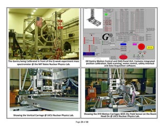 Page 24 of 34
The Gantry being Calibrated In front of the Q-weak experiment mass
spectrometer @ the MIT Bates Nuclear Physics Lab.
G0 Gantry Motion Control and DAQ Panel GUI. Contains integrated
position calibration, field scanning, motor control, safety interlock
and Data Acquisition software.
Showing the Vertical Carriage @ UICU Nuclear Physics Lab.
Showing the XYX Motion Carriages With the Field Sensor on the Boom
Head On @ UICU Nuclear Physics Lab.
 