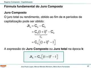 Ana Paula Lopes, Manuel Mendes Monteiro, Mário Nuno Fernandes
Fórmula fundamental do Juro Composto
Juro Composto
O juro total ou rendimento, obtido ao fim de n períodos de
capitalização pode ser obtido:
A expressão do Juro Composto ou Juro total na época k:
17
Regime Composto - Capitalização
0
0 0
0
1
1 1
= −
= + −
 
= + −
 
n
n n
n
C
n
Jt C C
C ( i) C
C ( i)
0 1 1
 
= + −
 
k
k
Jt C ( i)
 
