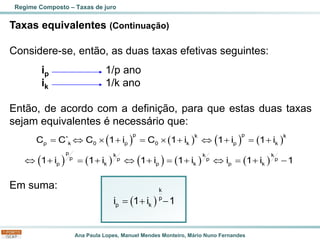 Ana Paula Lopes, Manuel Mendes Monteiro, Mário Nuno Fernandes
Taxas equivalentes (Continuação)
Considere-se, então, as duas taxas efetivas seguintes:
ip 1/p ano
ik 1/k ano
Então, de acordo com a definição, para que estas duas taxas
sejam equivalentes é necessário que:
Em suma:
Regime Composto – Taxas de juro
( ) ( ) ( ) ( )
( ) ( ) ( ) ( ) ( )
p p
k k
p k 0 p 0 k p k
p k k k
p p p p
p k p k p k
C C` C 1 i C 1 i 1 i 1 i
1 i 1 i 1 i 1 i i 1 i 1
=   + =  +  + = +
 + = +  + = +  = + −
( )
= + −
k
p
p k
i 1 i 1
 