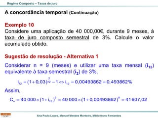 Ana Paula Lopes, Manuel Mendes Monteiro, Mário Nuno Fernandes
A concordância temporal (Continuação)
Exemplo 10
Considere uma aplicação de 40 000,00€, durante 9 meses, à
taxa de juro composto semestral de 3%. Calcule o valor
acumulado obtido.
Sugestão de resolução - Alternativa 1
Considerar n = 9 (meses) e utilizar uma taxa mensal (i12)
equivalente à taxa semestral (i2) de 3%.
Assim,
Regime Composto – Taxas de juro
( ) ( )
=  + =  + =
9 9
n 12
C 40 000 1 i 40 000 1 0,00493862 41607,02
( )
= + −  = =
2
12
12 12
i 1 0,03 1 i 0,00493862 0,493862%
 