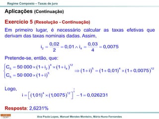 Ana Paula Lopes, Manuel Mendes Monteiro, Mário Nuno Fernandes
Aplicações (Continuação)
Exercício 5 (Resolução - Continuação)
Em primeiro lugar, é necessário calcular as taxas efetivas que
derivam das taxas nominais dadas. Assim,
Pretende-se, então, que:
Logo,
Resposta: 2,6231%
Regime Composto – Taxas de juro
( ) ( )
( )
( ) ( ) ( )
 =  +  +

 + = +  +

=  +


4 12
5 4 12
5 2 4
5
5
C 50 000 1 i 1 i
1 i 1 0,01 1 0,0075
C 50 000 1 i
( ) ( )
 
=  − =
 
1
5
4 12
i 1
,01 1
,0075 1 0,026231
= =  = =
2 4
0,02 0,03
i 0,01 i 0,0075
2 4
 