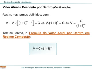Ana Paula Lopes, Manuel Mendes Monteiro, Mário Nuno Fernandes
Valor Atual e Desconto por Dentro (Continuação)
Assim, nos termos definidos, vem:
Tem-se, então, a Fórmula do Valor Atual por Dentro em
Regime Composto:
Regime Composto - Atualização
( ) ( )
( )
n n
n
C
V V 1 i 1 C V. 1 i C V
1 i
 
+  + − =  + =  =
  +
( )
−
=  +
n
V C 1 i
 