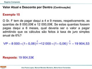 Ana Paula Lopes, Manuel Mendes Monteiro, Mário Nuno Fernandes
Valor Atual e Desconto por Dentro (Continuação)
Exemplo 15
O Sr. F tem de pagar daqui a 4 e 9 meses, respetivamente, as
quantias de 8 000,00€ e 12 000,00€. Se estas quantias fossem
pagas daqui a 6 meses, qual deveria ser o valor a pagar
admitindo que os cálculos são feitos à taxa de juro simples
anual de 6%?
Resposta: 19 904,53€
Regime Composto
( ) ( )
−
=  +  + =
2 3
12 12
VP 8 000 1 0,06 +12 000 1 0,06 19 904,53
 