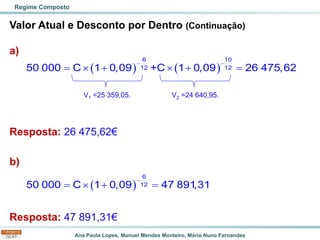 Ana Paula Lopes, Manuel Mendes Monteiro, Mário Nuno Fernandes
Valor Atual e Desconto por Dentro (Continuação)
a)
Resposta: 26 475,62€
b)
Resposta: 47 891,31€
Regime Composto
( ) ( )
− −
=  +  + =
6 10
12 12
50 000 C 1 0,09 +C 1 0,09 26 475,62
V1 =25 359,05. V2 =24 640,95.
( )
−
=  + =
6
12
50 000 C 1 0,09 47 891
,31
 