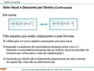 Ana Paula Lopes, Manuel Mendes Monteiro, Mário Nuno Fernandes
Valor Atual e Desconto por Dentro (Continuação)
Em suma:
Três aspetos que estão subjacentes a esta fórmula:
•É válida para um único capital e pressupõe uma taxa única.
•Pressupõe a existência de concordância temporal entre o n e o i.
(Quando a concordância temporal não se verifica, deve-se proceder da
maneira que vimos para o caso da capitalização.)
•O desconto por dentro (d) é diretamente proporcional ao valor nominal
do capital (C), mas não ao diferimento (n).
Regime Composto
( )
−
 
=  − +
 
n
d C 1 1 i ( )
 
=  + −
 
n
d V 1 i 1
 