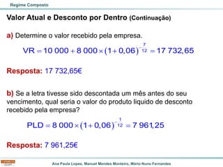 Ana Paula Lopes, Manuel Mendes Monteiro, Mário Nuno Fernandes
Valor Atual e Desconto por Dentro (Continuação)
a) Determine o valor recebido pela empresa.
Resposta: 17 732,65€
b) Se a letra tivesse sido descontada um mês antes do seu
vencimento, qual seria o valor do produto liquido de desconto
recebido pela empresa?
Resposta: 7 961,25€
Regime Composto
( )
−
= +  + =
7
12
VR 10 000 8 000 1 0,06 17 732,65
( )
−
=  + =
1
12
PLD 8 000 1 0,06 7 961
,25
 