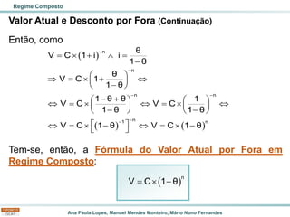 Ana Paula Lopes, Manuel Mendes Monteiro, Mário Nuno Fernandes
Valor Atual e Desconto por Fora (Continuação)
Então, como
Tem-se, então, a Fórmula do Valor Atual por Fora em
Regime Composto:
Regime Composto
( )
( ) ( )
−
−
− −
−
−
=  +  =
−
 
 =  + 
 
−
 
− +
   
 =   =  
   
− −
   
 
 =  −  =  −
 
n
n
n n
n
1 n
θ
V C 1 i i
1 θ
θ
V C 1
1 θ
1 θ θ 1
V C V C
1 θ 1 θ
V C 1 θ V C 1 θ
( )
=  −
n
V C 1 θ
 