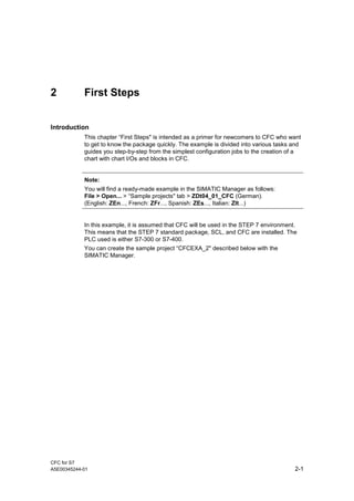 CFC for S7
A5E00345244-01 2-1
2 First Steps
Introduction
This chapter “First Steps" is intended as a primer for newcomers to CFC who want
to get to know the package quickly. The example is divided into various tasks and
guides you step-by-step from the simplest configuration jobs to the creation of a
chart with chart I/Os and blocks in CFC.
Note:
You will find a ready-made example in the SIMATIC Manager as follows:
File > Open... > “Sample projects" tab > ZDt04_01_CFC (German).
(English: ZEn..., French: ZFr..., Spanish: ZEs..., Italian: ZIt...)
In this example, it is assumed that CFC will be used in the STEP 7 environment.
This means that the STEP 7 standard package, SCL, and CFC are installed. The
PLC used is either S7-300 or S7-400.
You can create the sample project “CFCEXA_2" described below with the
SIMATIC Manager.
 