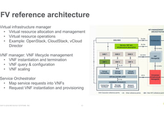 RIGHT © 2018 NETSCOUT SYSTEMS, INC. 10
NFV reference architecture
Virtual infrastructure manager
•  Virtual resource allocation and management
•  Virtual resource operations
•  Example: OpenStack, CloudStack, vCloud
Director
VNF manager: VNF lifecycle management
•  VNF instantiation and termination
•  VNF query & configuration
•  VNF scaling
Service Orchestrator
•  Map service requests into VNFs
•  Request VNF instantiation and provisioning
 