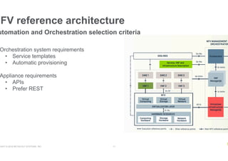 RIGHT © 2018 NETSCOUT SYSTEMS, INC. 11
NFV reference architecture
utomation and Orchestration selection criteria
Orchestration system requirements
•  Service templates
•  Automatic provisioning
Appliance requirements
•  APIs
•  Prefer REST
 