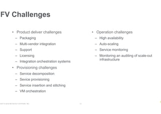 RIGHT © 2018 NETSCOUT SYSTEMS, INC. 13
•  Product deliver challenges
–  Packaging
–  Multi-vendor integration
–  Support
–  Licensing
–  Integration orchestration systems
•  Provisioning challenges
–  Service decomposition
–  Sevice provisioning
–  Service insertion and stitching
–  VM orchestration
NFV Challenges
•  Operation challenges
–  High availability
–  Auto-scaling
–  Service monitoring
–  Monitoring an auditing of scale-out
infrastructure
 