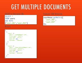GET MULTIPLE DOCUMENTS
SELECT *
FROM users
USE KEYS ["user_101","user_454"]
SELECT BY DOCUMENT IDS
couchbase.getMulti([
"user_101",
"user_454"
]);
STANDARD SDK OPERATION
[
{
"users": {
"email": "Judah66@gmail.com",
"first_name": "Albin",
"last_name": "Price",
"user_id": 101,
"username": "Eudora43"
}
},
{
"users": {
"email": "Chase.Kohler63@gmail.com",
"first_name": "Donnell",
"last_name": "Ortiz",
"user_id": 454,
"username": "Garett31"
}
}
]
RESULTS
 