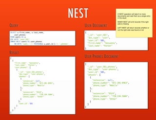AGGREGATES
SELECT COUNT(*) AS total_users
FROM social AS users
WHERE users.doc_type = 'user'
QUERY
[
{
"total_users": 1000
}
]
RESULT
SELECT ARRAY_COUNT(users.children) AS children
FROM social AS users
USE KEYS 'user_132'
QUERY
[
{
"children": 3
}
]
RESULT
SELECT MIN(children.age) AS min_age,
MAX(children.age) AS max_age,
AVG(children.age) AS avg_age
FROM social AS users
UNNEST users.children AS children
WHERE users.doc_type = 'user'
QUERY
[
{
"avg_age": 8.94,
"max_age": 17,
"min_age": 1
}
]
RESULT
http://developer.couchbase.com/
documentation/server/current/n1ql/n1ql-
language-reference/aggregatefun.html
 
