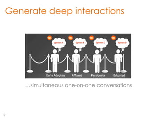 Generate deep interactions




     …simultaneous one-on-one conversations




12
 