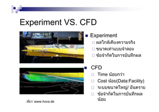 Experiment VS. CFD
Experiment
ผลใกลเคียงความจริง
ขนาดเทาแบบจําลอง
ขอจํากัดในการบันทึกผล
CFD
Time นอยกวา
Cost นอย(Data:Facility)
ระบบขนาดใหญ/ อันตราย
ขอจํากัดในการบันทึกผล
นอยที่มา: www.hsva.de
 