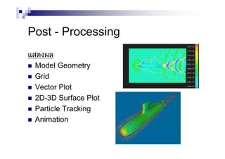 Post - Processing
แสดงผล
Model Geometry
Grid
Vector Plot
2D-3D Surface Plot
Particle Tracking
Animation
 