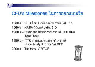 CFDCFDCFDCFDCFDCFDCFDCFD’’’’’’’’ssssssss MilestonesMilestonesMilestonesMilestonesMilestonesMilestonesMilestonesMilestones ในการออกแบบเรือในการออกแบบเรือในการออกแบบเรือในการออกแบบเรือในการออกแบบเรือในการออกแบบเรือในการออกแบบเรือในการออกแบบเรือ
1930’s – CFD โดย Linearised Potential Eqn.
1960’s – NASA วิจัยเครื่องบิน 3-D
1980’s – เชิงการคาใหบริการวิเคราะห CFD กอน
Tank Test
1990’s – ITTC กําหนดเกณฑการวิเคราะห
Uncertainty & Error ใน CFD
2000’s – โครงการ VIRTUE
 