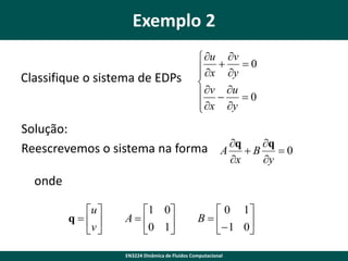 Exemplo 2
Classifique o sistema de EDPs

 u v
 x  y  0


 v  u  0
 x y


Solução:
Reescrevemos o sistema na forma A q  B q  0
x

onde
u 
q 
v 

1 0
A
0 1



 0 1
B
 1 0



EN3224 Dinâmica de Fluidos Computacional

y

 