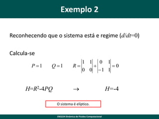Exemplo 2
Reconhecendo que o sistema está e regime (d/dt=0)

Calcula-se
P 1

Q 1

H=R2-4PQ

R

1 1
0 0



0

1

1 1


O sistema é elíptico.
EN3224 Dinâmica de Fluidos Computacional

0

H=-4

 