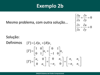 Exemplo 2b
Mesmo problema, com outra solução...

Solução:
Definimos

 u v
 x  y  0


 v  u  0
 x y


[T ]  [ A]nx  [ B]ny
1 0
 0 1
[T ]  
 n x    1 0 n y
0 1


n y   nx
 nx 0   0
[T ]  
   n
   n
 0 nx   y 0   y
EN3224 Dinâmica de Fluidos Computacional

ny 
nx 


 
