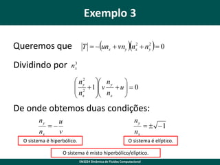 Exemplo 3


Dividindo por



2
2
T  unx  vny  nx  ny  0

Queremos que
3
nx

2
 ny
 n y

  1 v  u   0

 n 2  n

 x
 x

De onde obtemos duas condições:
ny

ny

u

nx
v

nx

O sistema é hiperbólico.

  1

O sistema é elíptico.

O sistema é misto hiperbólico/elíptico.
EN3224 Dinâmica de Fluidos Computacional

 