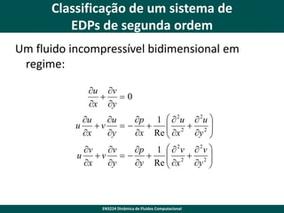 Classificação de um sistema de
EDPs de segunda ordem
Um fluido incompressível bidimensional em
regime:
u v

0
x y
u
u
p 1   2u  2u 
 2  2
u
v
 
x
y
x Re  x
y 


v
v
p 1   2 v  2 v 
 2 2
u v   
x
y
y Re  x
y 



EN3224 Dinâmica de Fluidos Computacional

 